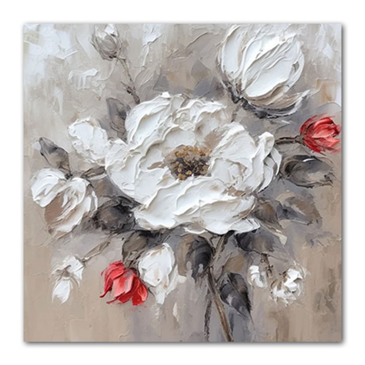 Red White Flowers 3d Heavy Textured Partial Oil Painting